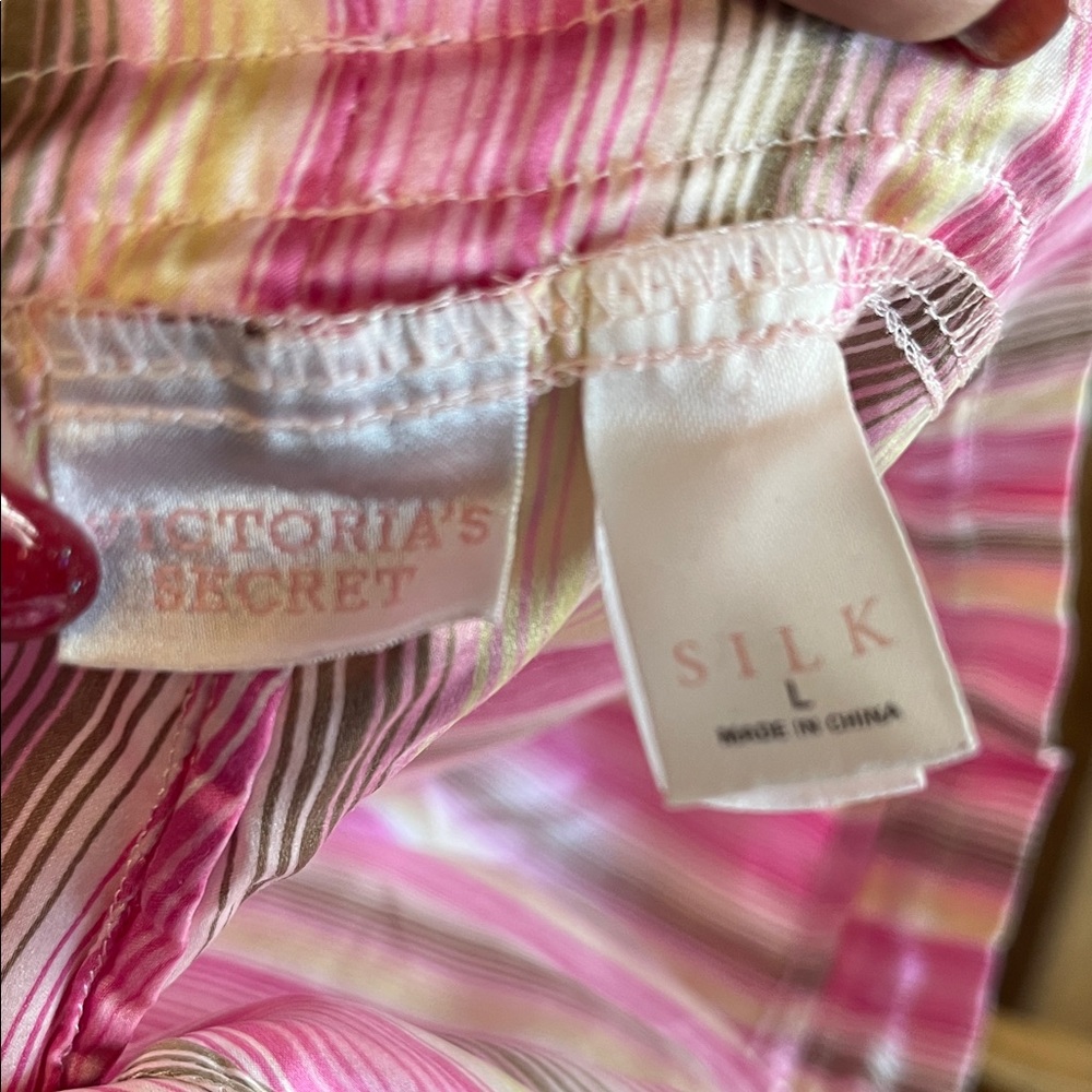 Victoria’s Secret Bright Pink and Lime Striped Silk Fabric Pants - Picture 2 of 5